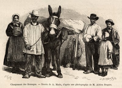 Das Beladen von Käse auf den Rücken eines Maultiers, in Richtung der Keller von Roquefort, Gravur nach einer Zeichnung von A. Marie, zur Illustration einer Reise nach Roquefort und Umgebung, von Adrien Roques und Jules Charton, 1874, veröffentlicht in „Le  von Adrien Emmanuel Marie
