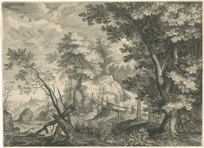 Waldlandschaft mit Holzbrücke, Berglandschaften aus Tirol (Serientitel) von Egidius  Sadeler (II)