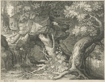 Reisende über einem Wasserfall (Serie: Sechs Landschaften) von Egidius  Sadeler (II)