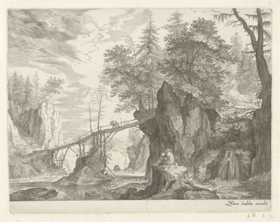 Zeichner, der auf einem Stein vor einer Brücke sitzt von Egidius  Sadeler (II)