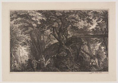 Ein Wald mit einer Holzbrücke rechts, aus Acht Szenen aus Böhmen von Aegidius Sadeler II