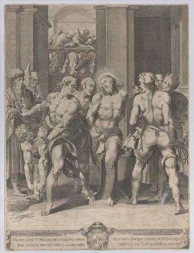 Die Geißelung Christi, mit Peinigern auf beiden Seiten und Figuren, die von einem Balkon zuschauen, 1593 von Aegidius Sadeler II