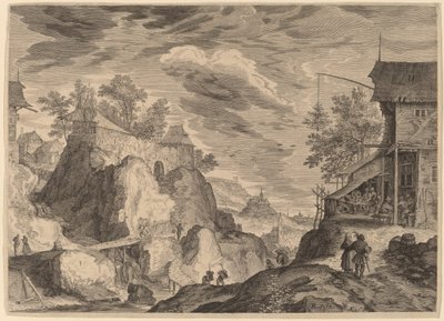 Landschaft mit Gasthaus rechts und Haus auf Felsen links von Aegidius Sadeler II after Roelandt Savery