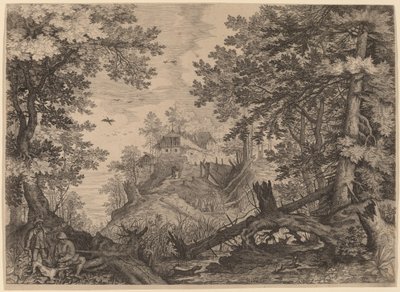 Waldszene mit zwei Jägern und einem Hund links von Aegidius Sadeler II after Roelandt Savery