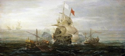 Der Angriff auf ein französisches Handelsschiff durch Piraten von Barbary (oder osmanische Korsaren), Mittelmeer von Aert van Antum