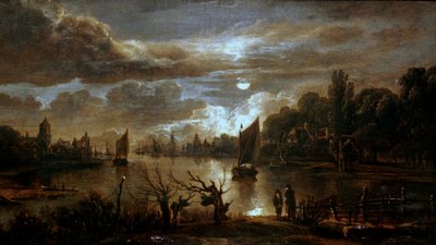 Mondscheinlandschaft mit breitem Kanal von Aert van der Neer