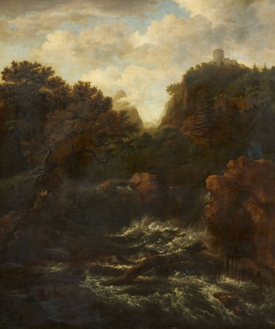 Berglandschaft mit Wasserfall von after Jacob van Ruisdael