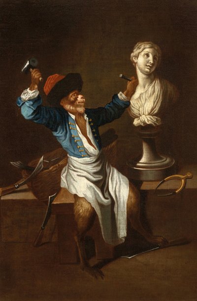 Ein Affe als Bildhauer 18. Jh. von after Jean Antoine Watteau