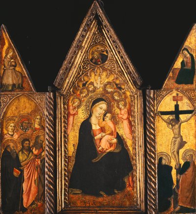 Ein tragbares Triptychon mit der Madonna und dem Kind auf dem Thron mit Engeln von Agnolo Gaddi
