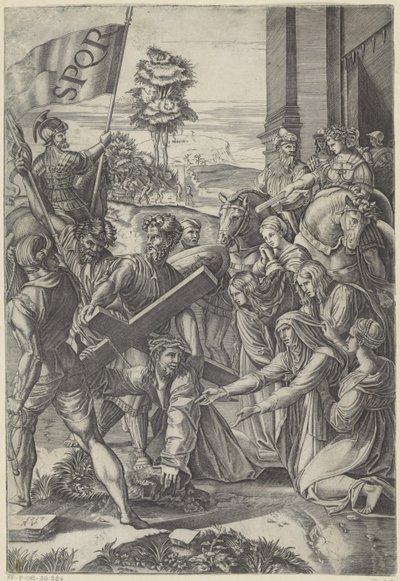 Christus bricht unter dem Gewicht des Kreuzes zusammen von Agostino Veneziano