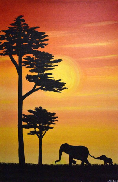 Elefantenfamilie Sonnenuntergang von Aisha Haider