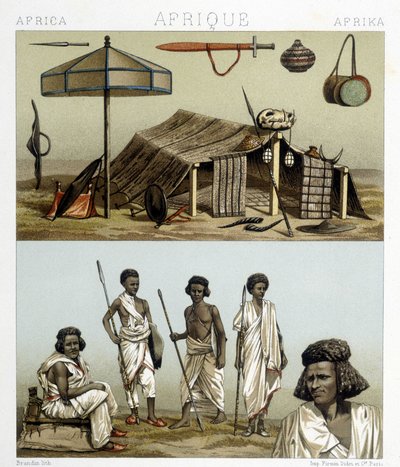 Lager und traditionelle Kleidung aus Nubien. Illustration in „Le costume historique“ von Racinet von Albert Charles August Racinet