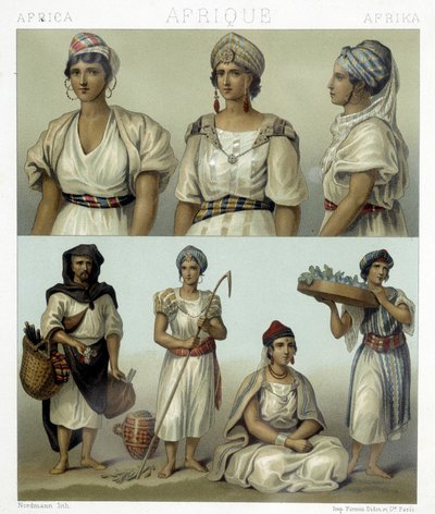 Kostüme und Kopfbedeckungen der Kabyl-Frauen (oben). Tunesische und algerische Kostüme (unten). Illustration in „Le costume historique“ von Racinet von Albert Charles August Racinet