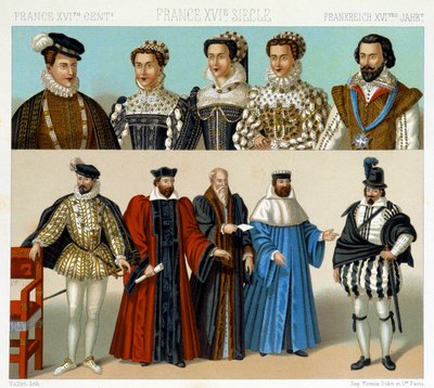 Kostüme von Adligen und Magistraten in Frankreich im 17. Jahrhundert. Chromolithographische Platte - in „Le costume historique“ von Racinet von Albert Charles August Racinet