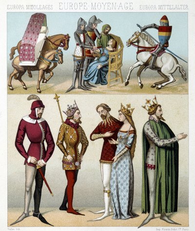Kostüme des Mittelalters in Frankreich. Illustration in „Le costume historique“ von Racinet von Albert Charles August Racinet
