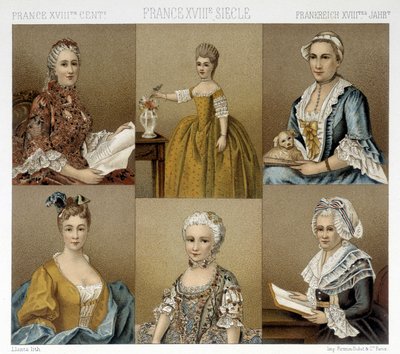 Französische Damenmode im 18. Jahrhundert. Illustration in „Le costume historique“ von Racinet von Albert Charles August Racinet