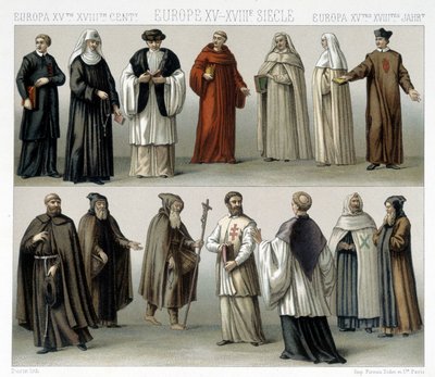Mönchskostüme in Europa vom 15. bis zum 18. Jahrhundert. Illustration in „Le costume historique“ von Racinet von Albert Charles August Racinet