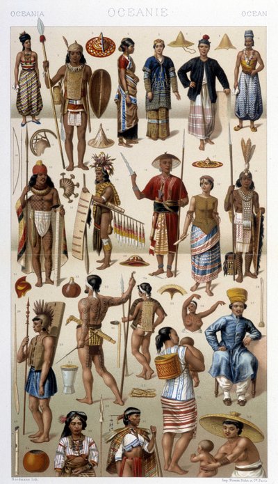 Menschen aus Malaysia und Polynesien (Ozeanien). Illustration in „Le costume historique“ von Racinet von Albert Charles August Racinet