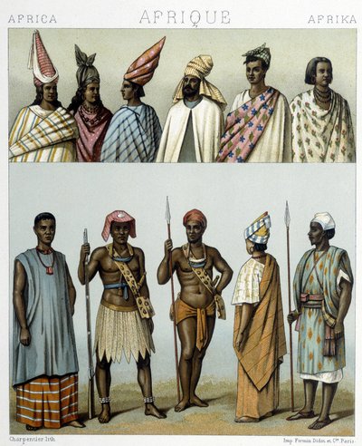 Traditionelle Kostüme Senegals. Illustration in „Le costume historique“ von Racinet von Albert Charles August Racinet