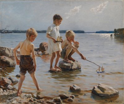 Jungen spielen am Ufer von Albert Edelfelt