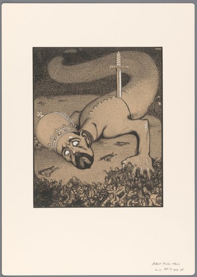 Entwurf für eine politische Karikatur: Schlange mit gekröntem Kopf, erstochen durch das Schwert der Justitia von Albert Hahn (I)