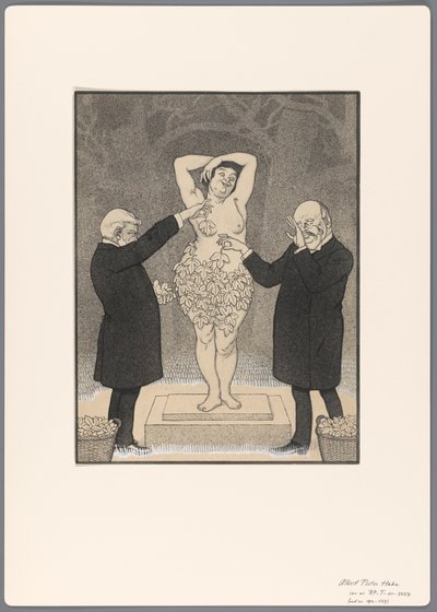 Entwurf für eine politische Karikatur: zwei Herren bedecken eine stehende nackte Frau mit Feigenblättern von Albert Hahn (I)