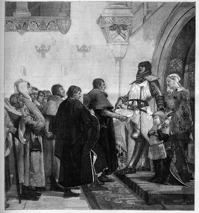 Renaud de Bourgogne gibt den Bürgern von Belfort die Freiheitsurkunde. Da er Geld für seinen Krieg gegen Kaiser Rudolf I. des Heiligen Römischen Reiches benötigte, befreite Renaud de Bourgogne (gestorben 1321) die Stadt Belfort 1307 gegen eine Gebühr von Albert Pierre Rene Maignan