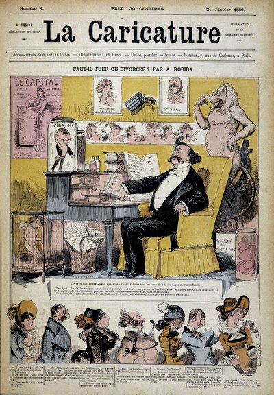 Alexandre Dumas in Scheidungsspezialist von Albert Robida (1848-1926), Umschlag „The Cartoon“ 24/02/1880 von Albert Robida