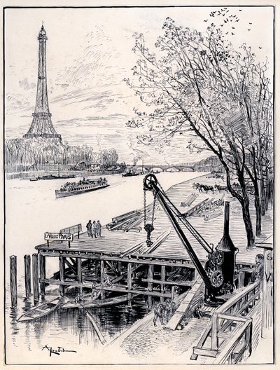 Beginn der Bauarbeiten zur architektonischen Rekonstruktion des mittelalterlichen Alt-Paris am Ufer der Seine für die Weltausstellung 1900 von Albert Robida