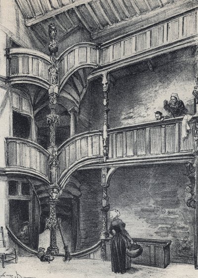 Innenansicht eines Hauses in Morlaix - Altes Frankreich - Bretagne - Text, Zeichnungen und Lithographien von Albert Robida (1848-1926) undatiert Ende 19. Jahrhundert von Albert Robida