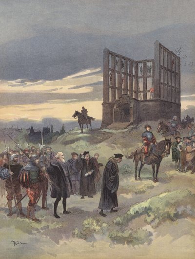Der Superintendent Semblançay wird zum Tode verurteilt und steigt auf das Schafott von Montfaucon von Albert Robida
