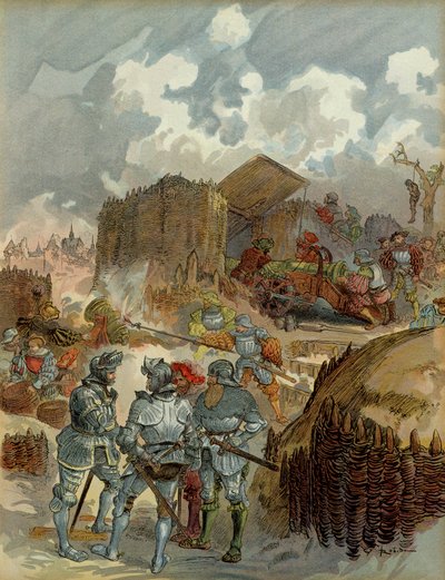 Sechster Italienischer Krieg (1521-1526): Pierre Terrail de Bayard (1476-1524) bei der Belagerung von Mezieres im Jahr 1521. Illustration von Albert Robida