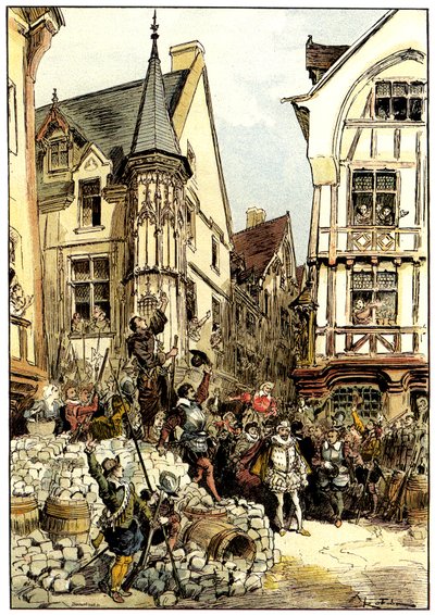 Der Herzog von Guise wird von der Menge und den Soldaten des Regiments der Gardes Françaises in Paris am Barrikadentag bejubelt von Albert Robida