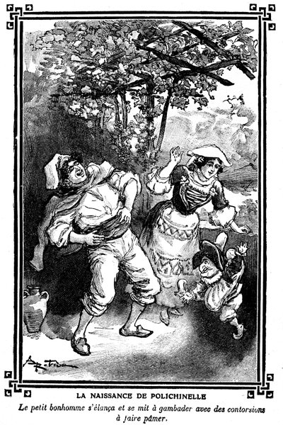 Die Geburt von Polichinelle. Zeichnung von Albert Robida (1848-1926) in einem Kinderlesebuch 1920-1930 von Albert Robida