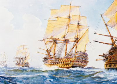 Schiffe aus dem 18. Jahrhundert im Gänsemarsch am Wind auf Steuerbordseite von Albert Sébille