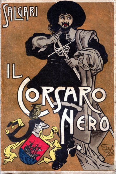 Titelbild des Romans Il Corsaro Nero Der schwarze Freibeuter von Emilio Salgari (1863 - 1911) von Alberto Della Valle