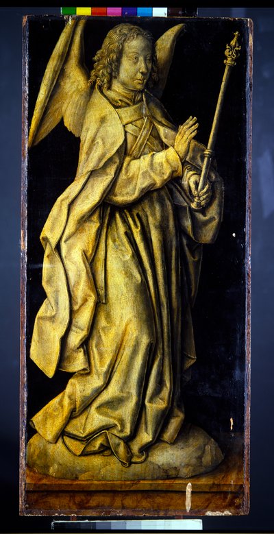 Ehemals die Flügel eines Triptychons, ein Paar, weibliche Figuren, die Weisheit und Großzügigkeit personifizieren, mit der Verkündigung (Panel; en grisaille verso) von Albrecht Bouts