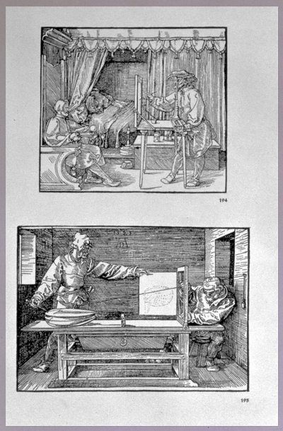 Apparat zur Übersetzung dreidimensionaler Objekte in zweidimensionale Zeichnungen, zwei Szenen aus dem ersten technischen Buch des Künstlers Einführung in die Kunst der Messung mit Kompass und Lineal von Albrecht Dürer