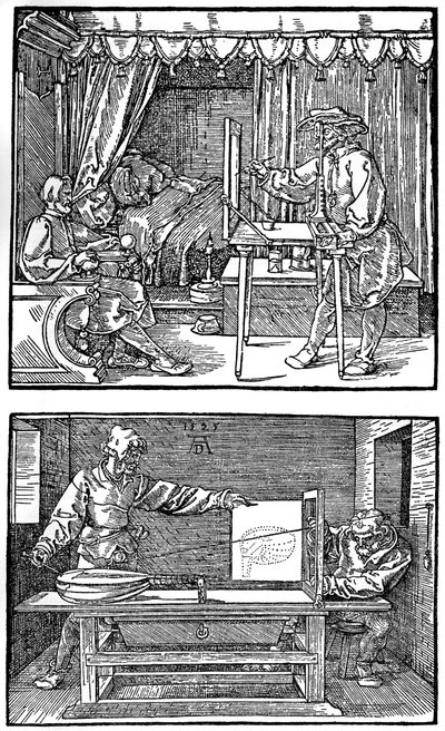 Apparat zur Übersetzung dreidimensionaler Objekte in zweidimensionale Zeichnungen, 1525, 1936 von Albrecht Dürer