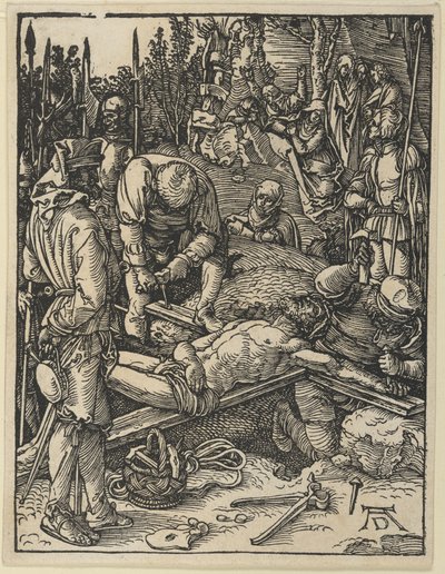 Christus wird ans Kreuz genagelt, aus der Kleinen Passion von Albrecht Dürer