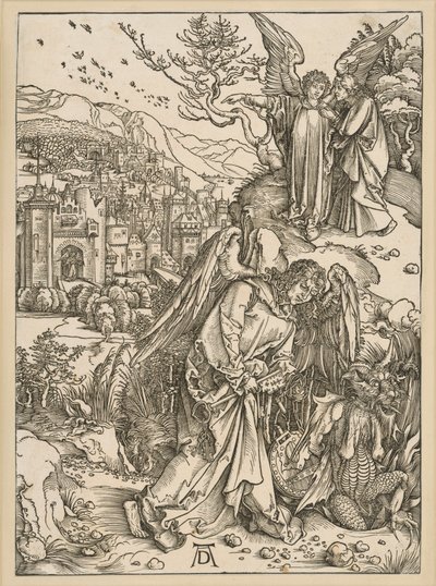 Der Engel wirft den Drachen in den Abgrund und verschließt ihn (Apokalypse) von Albrecht Dürer