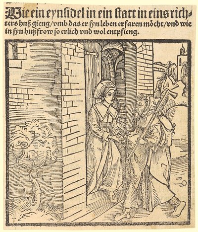 Die Frau des Schultheissen empfängt den Einsiedler von Albrecht Dürer