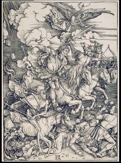 Die apokalyptischen Reiter, aus der Folge der Apokalypse, Einzeldruck vor dem Text von Albrecht Dürer