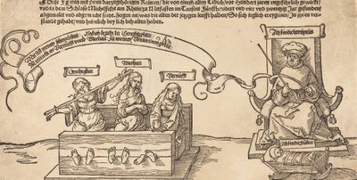 Gerechtigkeit, Wahrheit und Vernunft im Block mit dem sitzenden Richter und schlafender Frömmigkeit, wahrscheinlich 1526 von Albrecht Dürer