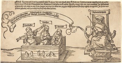 Gerechtigkeit, Wahrheit und Vernunft im Stock mit dem sitzenden Richter und schlafender Frömmigkeit von Albrecht Dürer