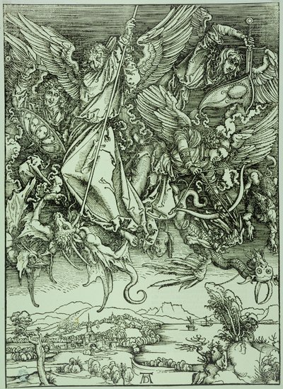 Die Apokalypse (lateinische Ausgabe): Heiliger Michael besiegt den Drachen (Bartsch 72) von Albrecht Dürer