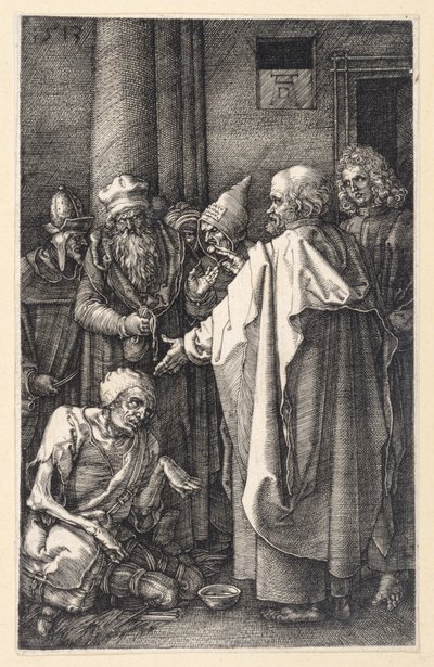 Petrus und Johannes heilen einen lahmen Bettler im Tempel (Kupferstich-Passion) von Albrecht Dürer