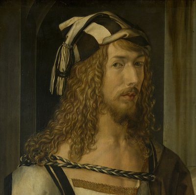 Selbstbildnis (Madrid), Detail des Kopfes von Albrecht Dürer