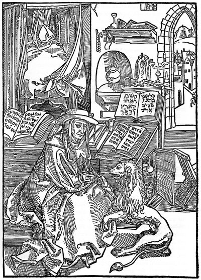 St. Hieronymus in seinem Studierzimmer, der einem Löwen einen Dorn aus der Pfote zieht, 1492 von Albrecht Dürer