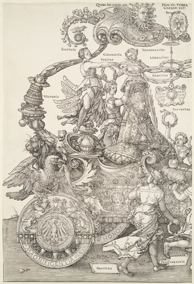 Der große Triumphwagen: Linker Teil des Wagens mit dem Kaiser, von der Siegesgöttin gekrönt von Albrecht Dürer